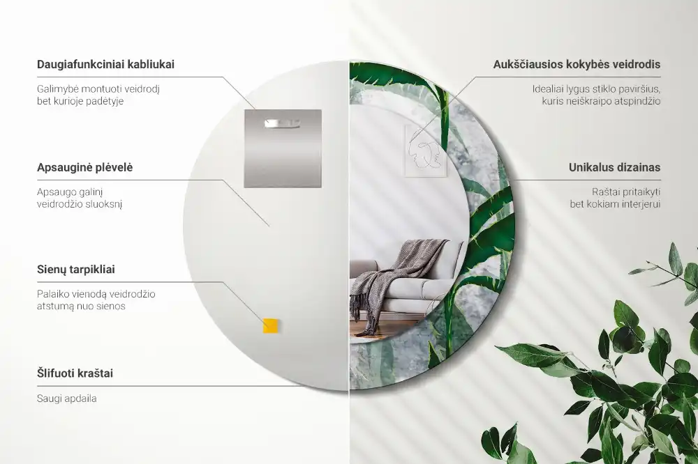 Miroir rond cadre avec impression feuilles tropicales