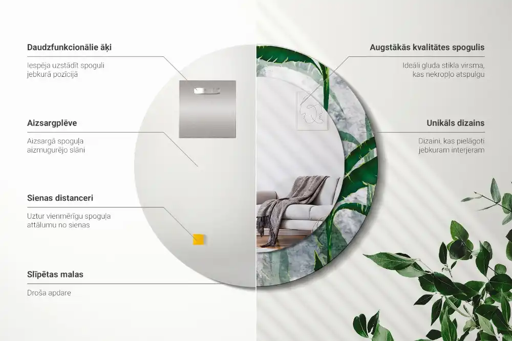 Miroir rond cadre avec impression feuilles tropicales