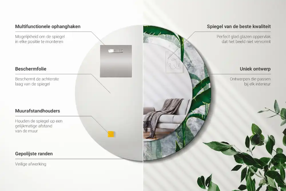 Miroir rond cadre avec impression feuilles tropicales