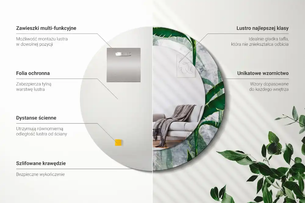 Miroir rond cadre avec impression feuilles tropicales
