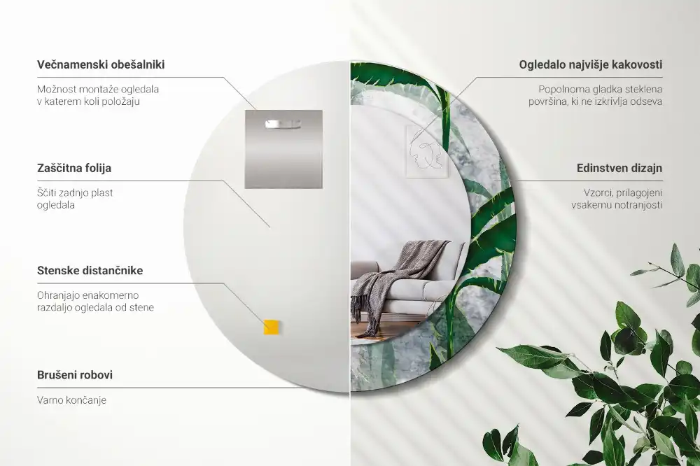 Miroir rond cadre avec impression feuilles tropicales