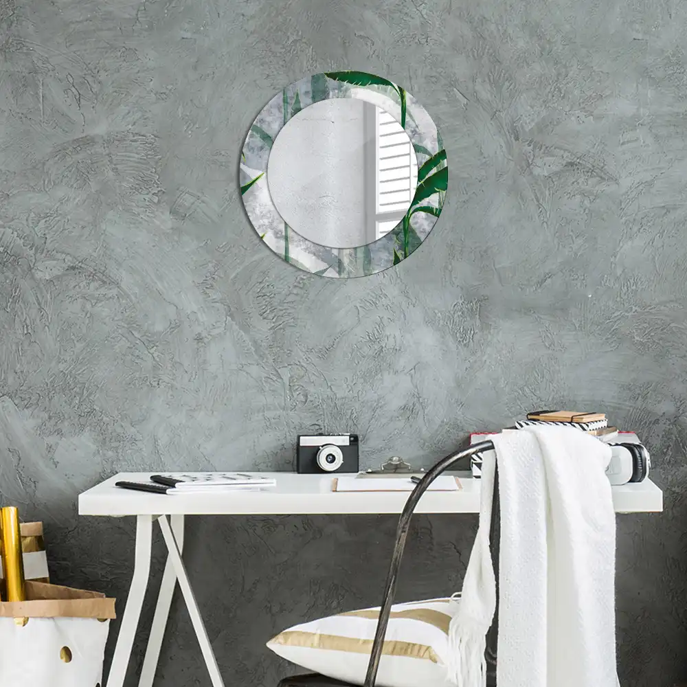 Miroir rond cadre avec impression feuilles tropicales