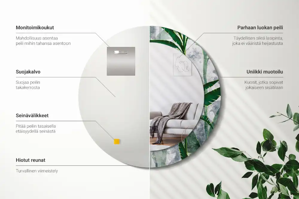Miroir rond cadre avec impression feuilles tropicales