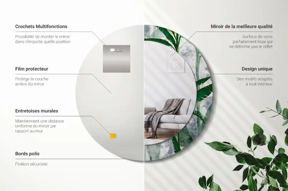 Miroir rond cadre avec impression feuilles tropicales