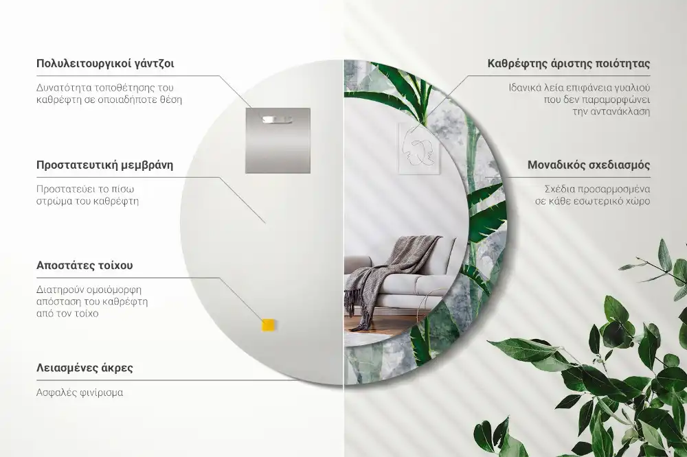 Miroir rond cadre avec impression feuilles tropicales