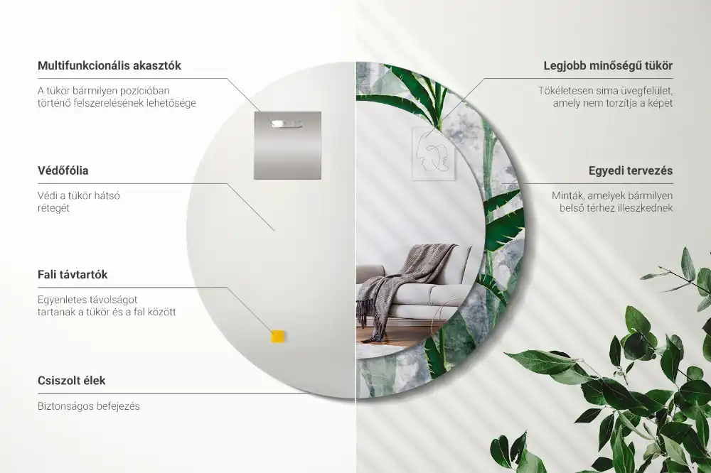 Miroir rond cadre avec impression feuilles tropicales