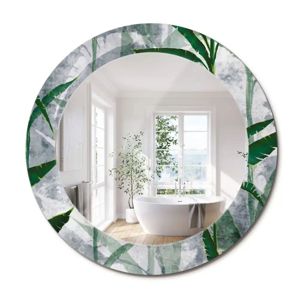 Miroir rond cadre avec impression feuilles tropicales