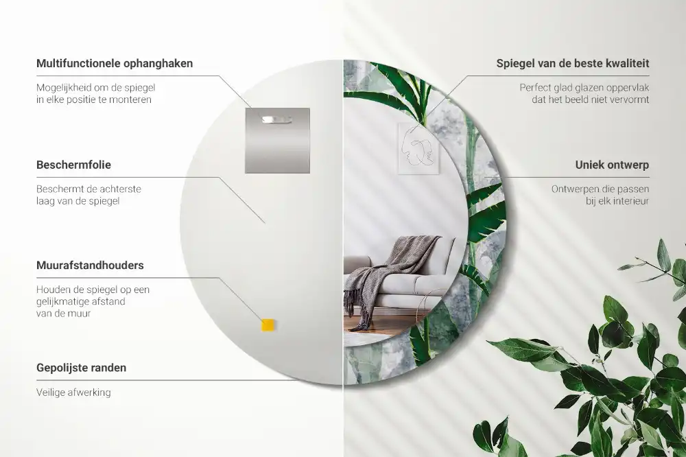 Miroir rond cadre avec impression feuilles tropicales