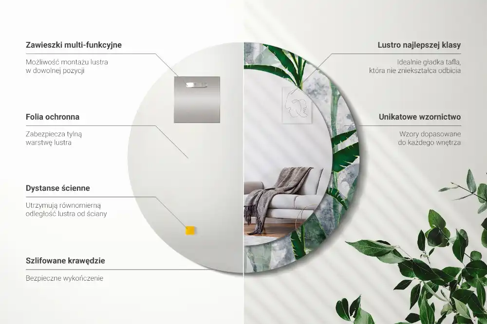 Miroir rond cadre avec impression feuilles tropicales