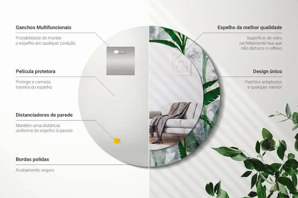 Miroir rond cadre avec impression feuilles tropicales
