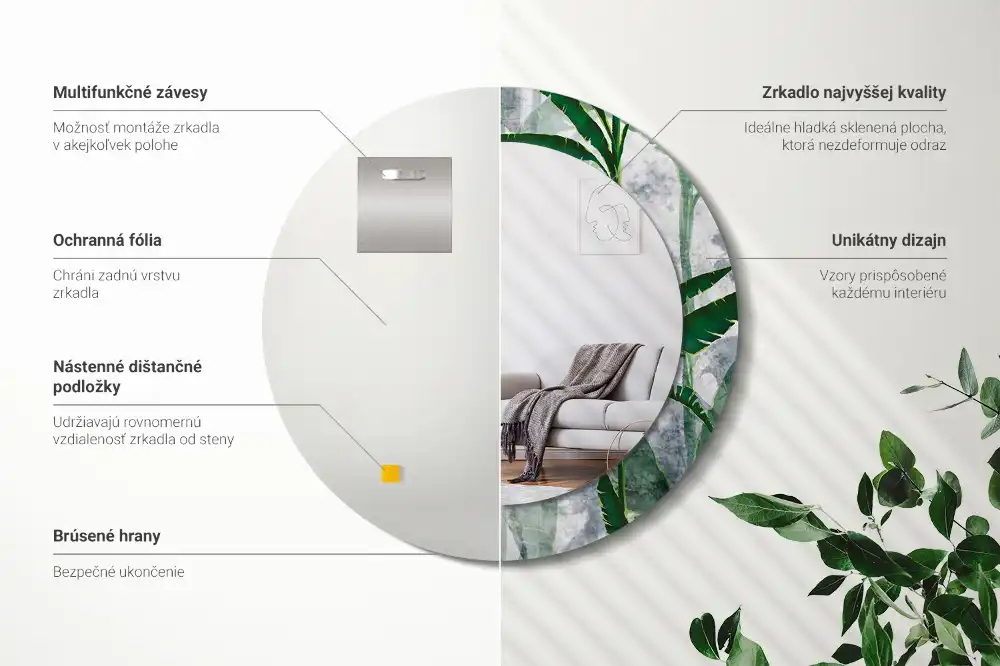Miroir rond cadre avec impression feuilles tropicales