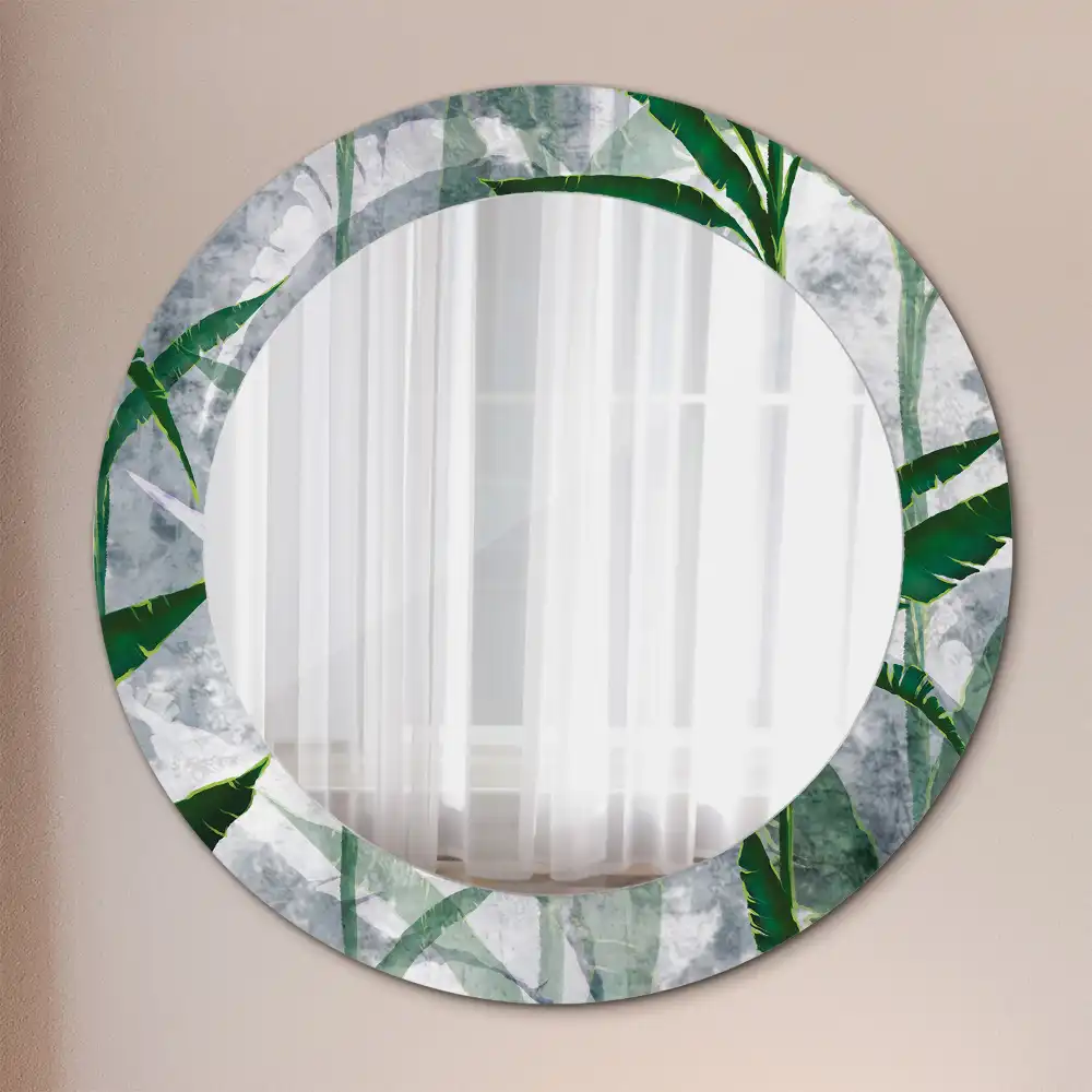 Miroir rond cadre avec impression feuilles tropicales