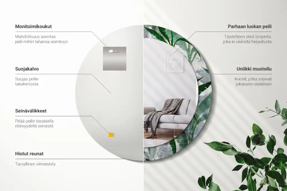 Miroir rond cadre avec impression feuilles tropicales
