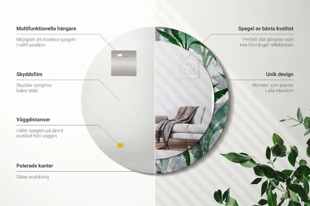 Miroir rond cadre avec impression feuilles tropicales