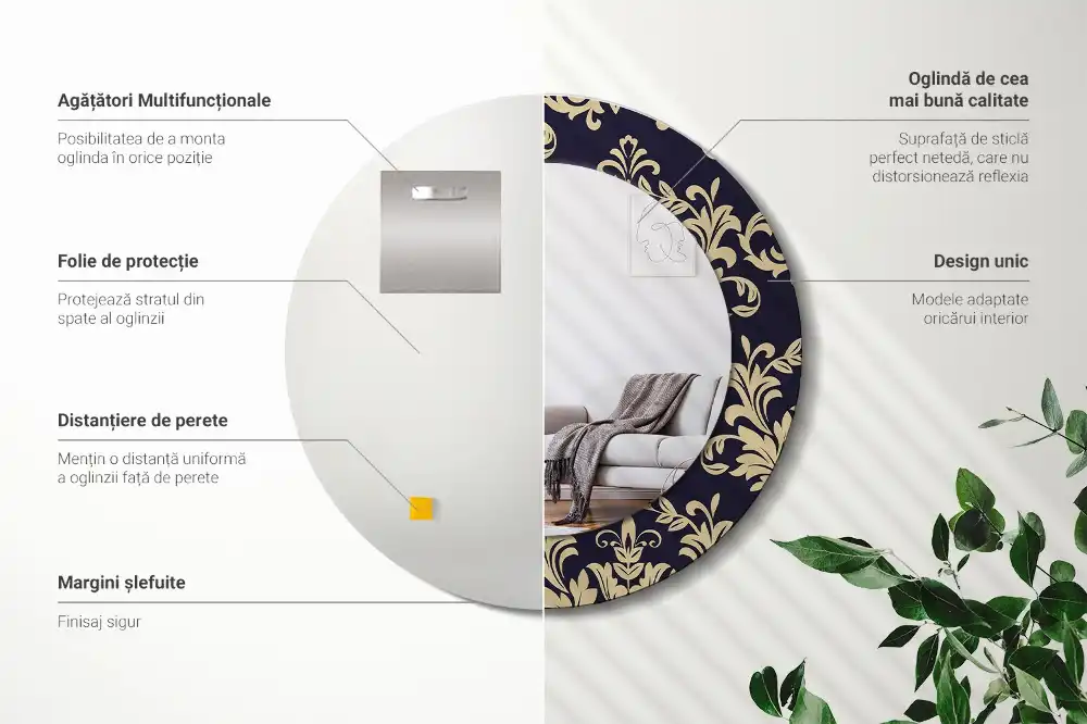 Miroir rond cadre imprimé motif floral
