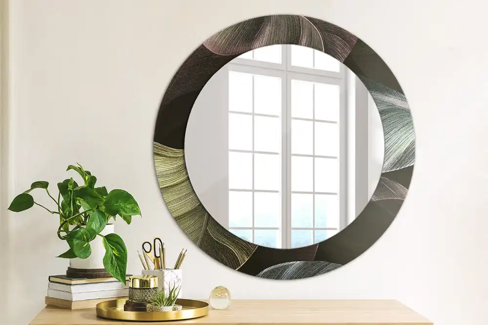 Miroir rond cadre imprimé feuilles tropicales sombres