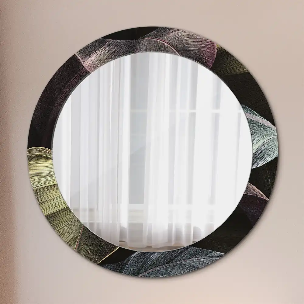 Miroir rond cadre imprimé feuilles tropicales sombres