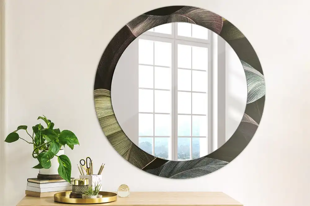 Miroir rond cadre imprimé feuilles tropicales sombres