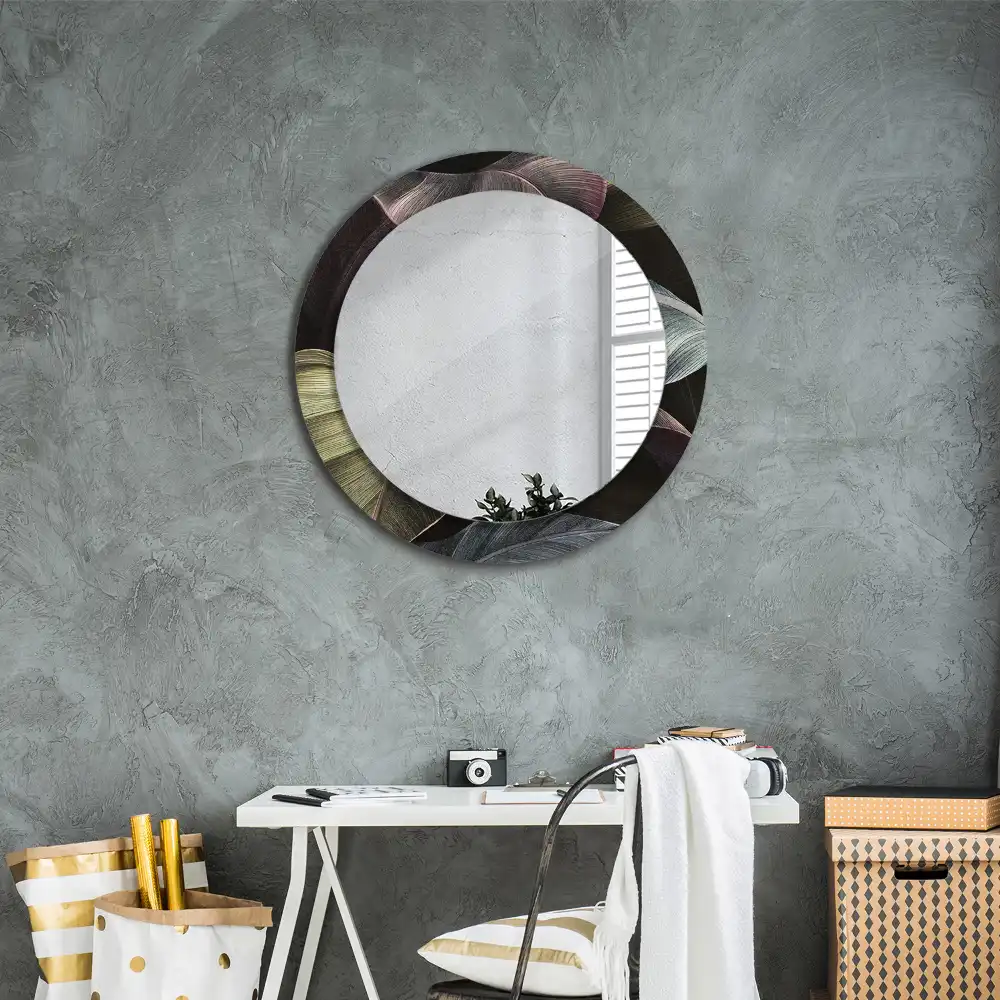 Miroir rond cadre imprimé feuilles tropicales sombres
