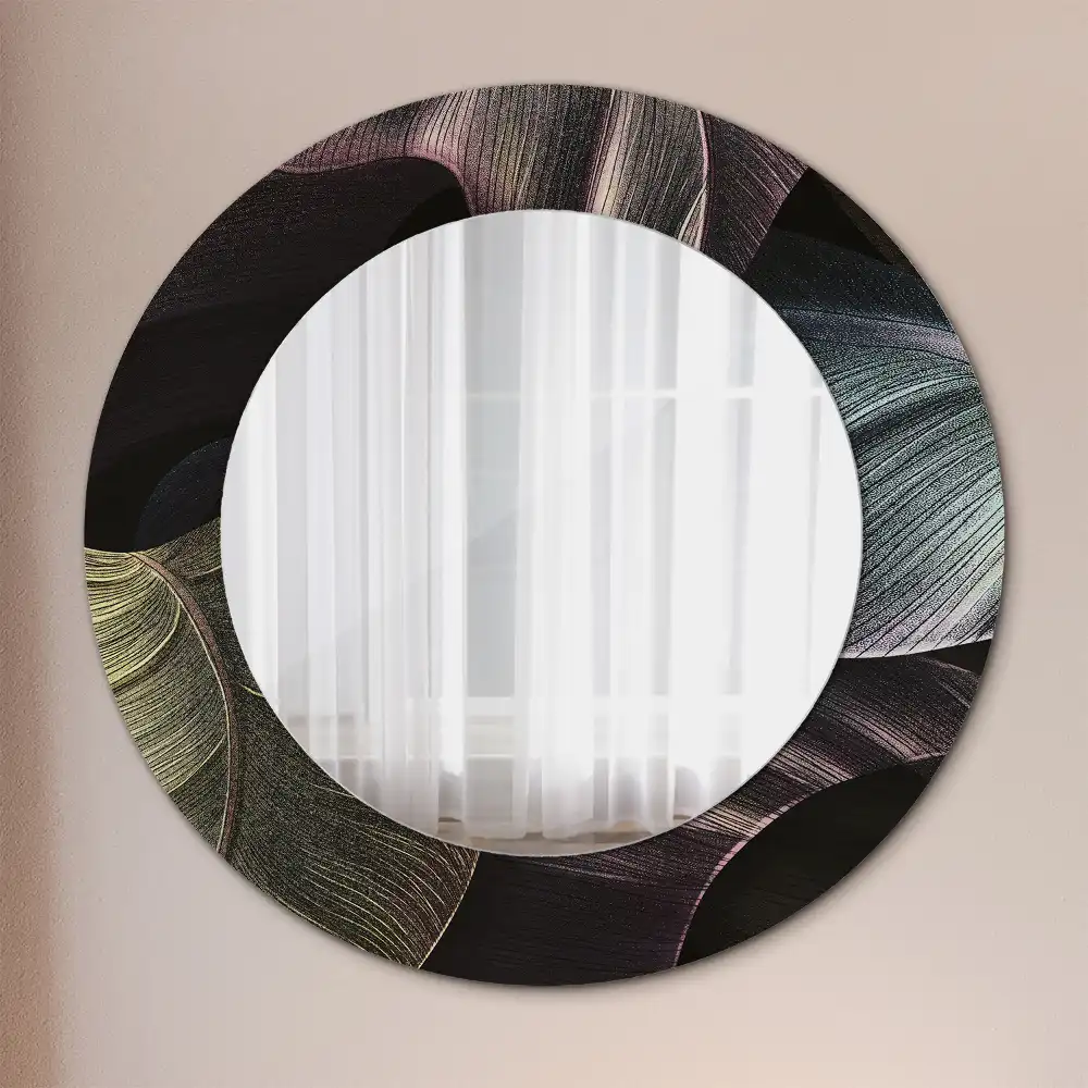 Miroir rond cadre imprimé feuilles tropicales sombres