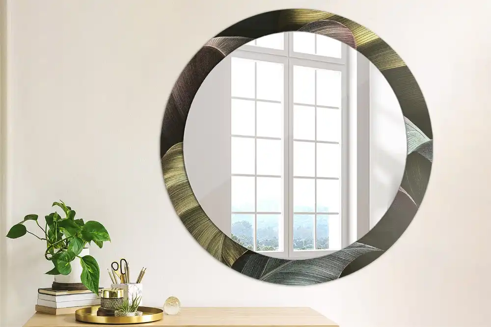 Miroir rond cadre imprimé feuilles tropicales sombres