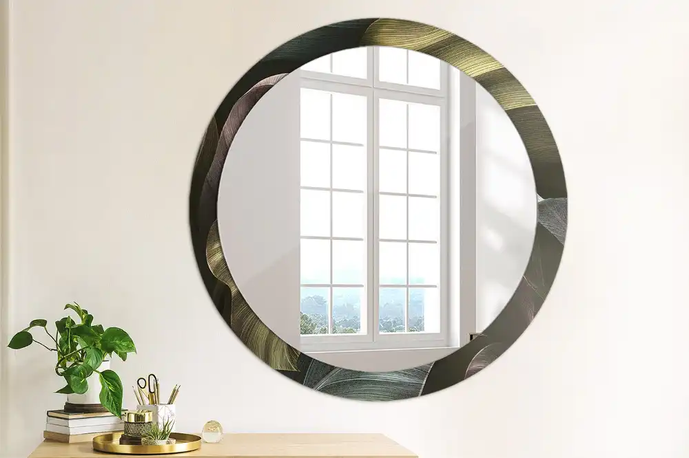 Miroir rond cadre imprimé feuilles tropicales sombres