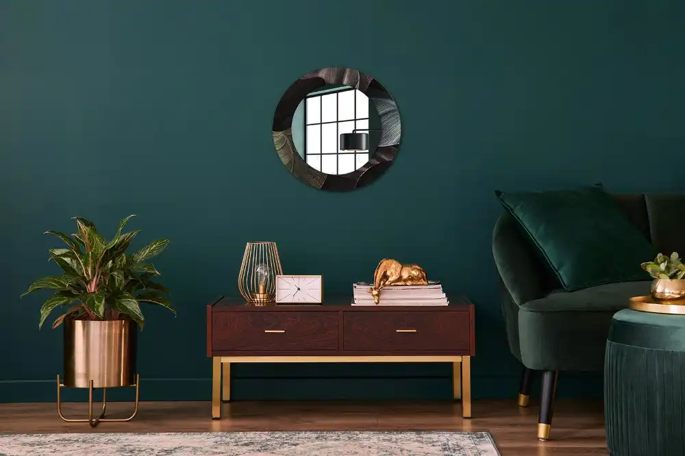 Miroir rond cadre imprimé feuilles tropicales sombres