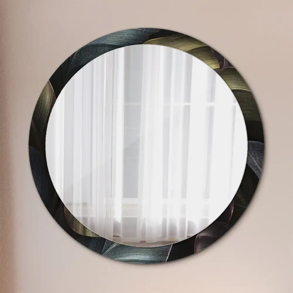 Miroir rond cadre imprimé feuilles tropicales sombres