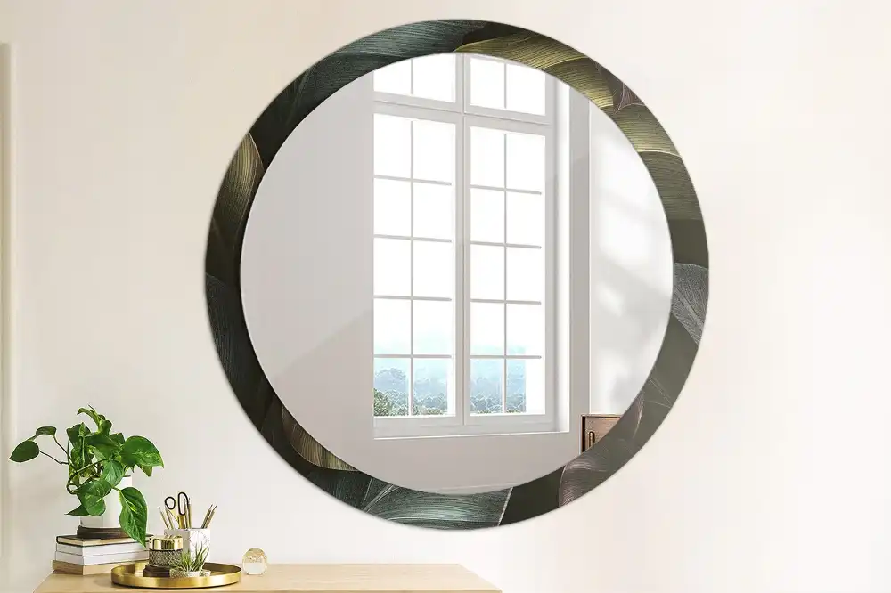 Miroir rond cadre imprimé feuilles tropicales sombres