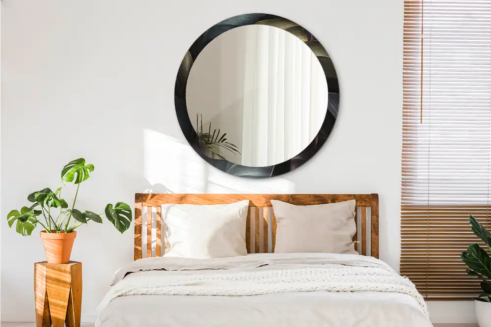Miroir rond cadre imprimé feuilles tropicales sombres