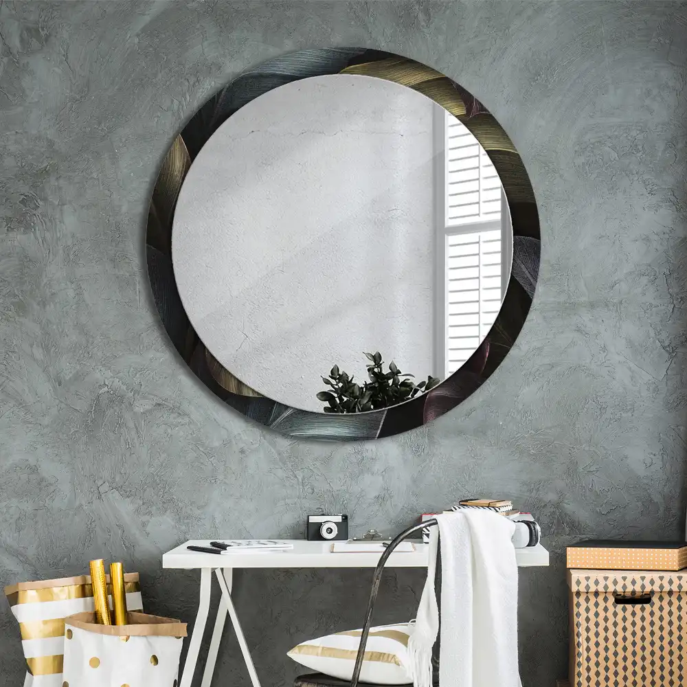Miroir rond cadre imprimé feuilles tropicales sombres