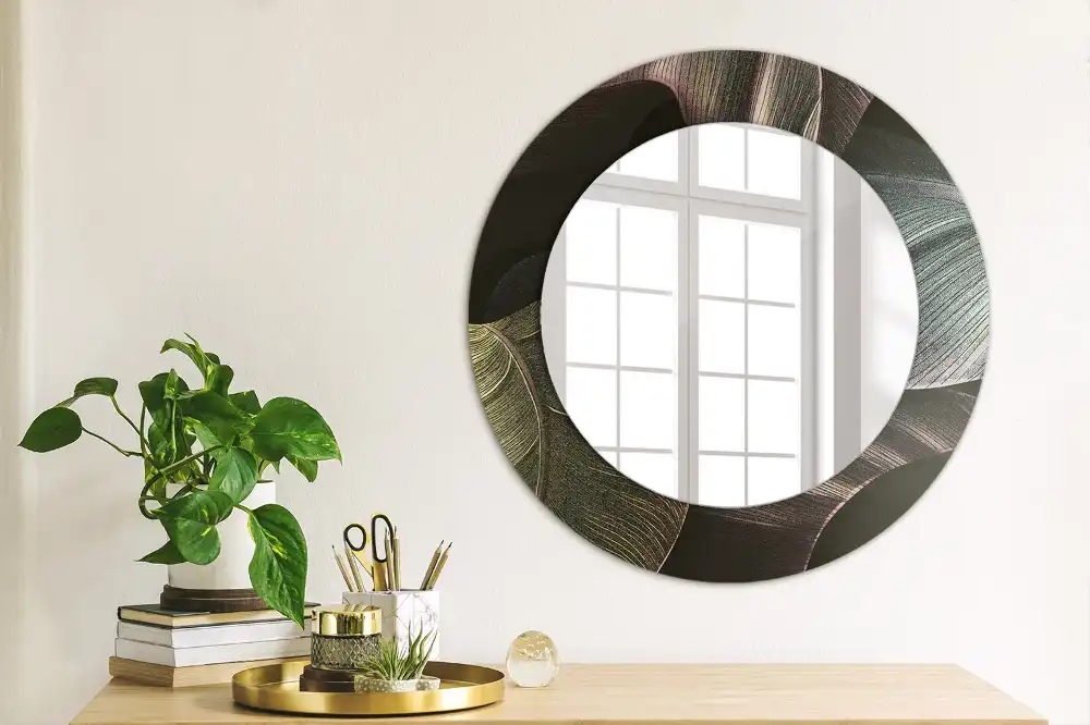 Miroir rond cadre imprimé feuilles tropicales sombres