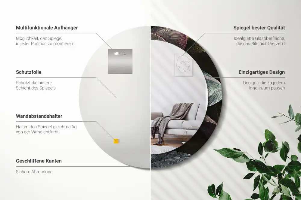 Miroir rond cadre imprimé feuilles tropicales sombres