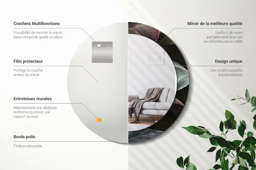 Miroir rond cadre imprimé feuilles tropicales sombres