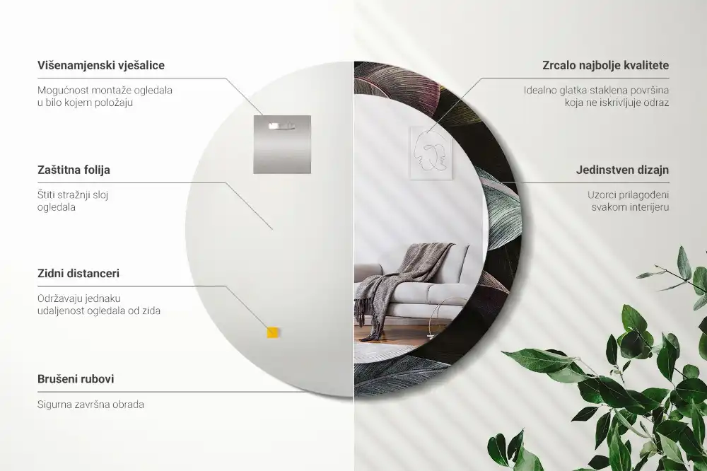 Miroir rond cadre imprimé feuilles tropicales sombres