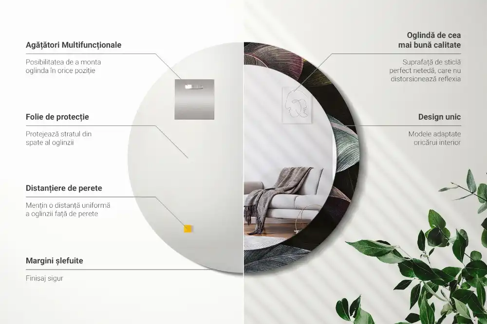 Miroir rond cadre imprimé feuilles tropicales sombres