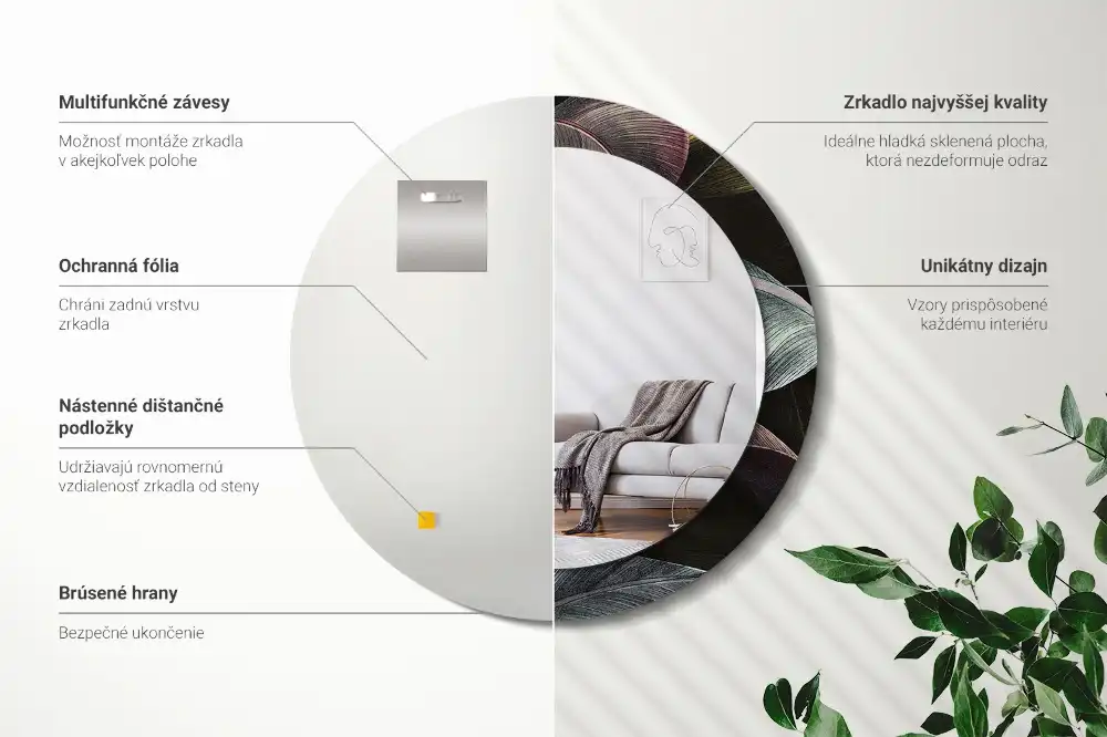 Miroir rond cadre imprimé feuilles tropicales sombres
