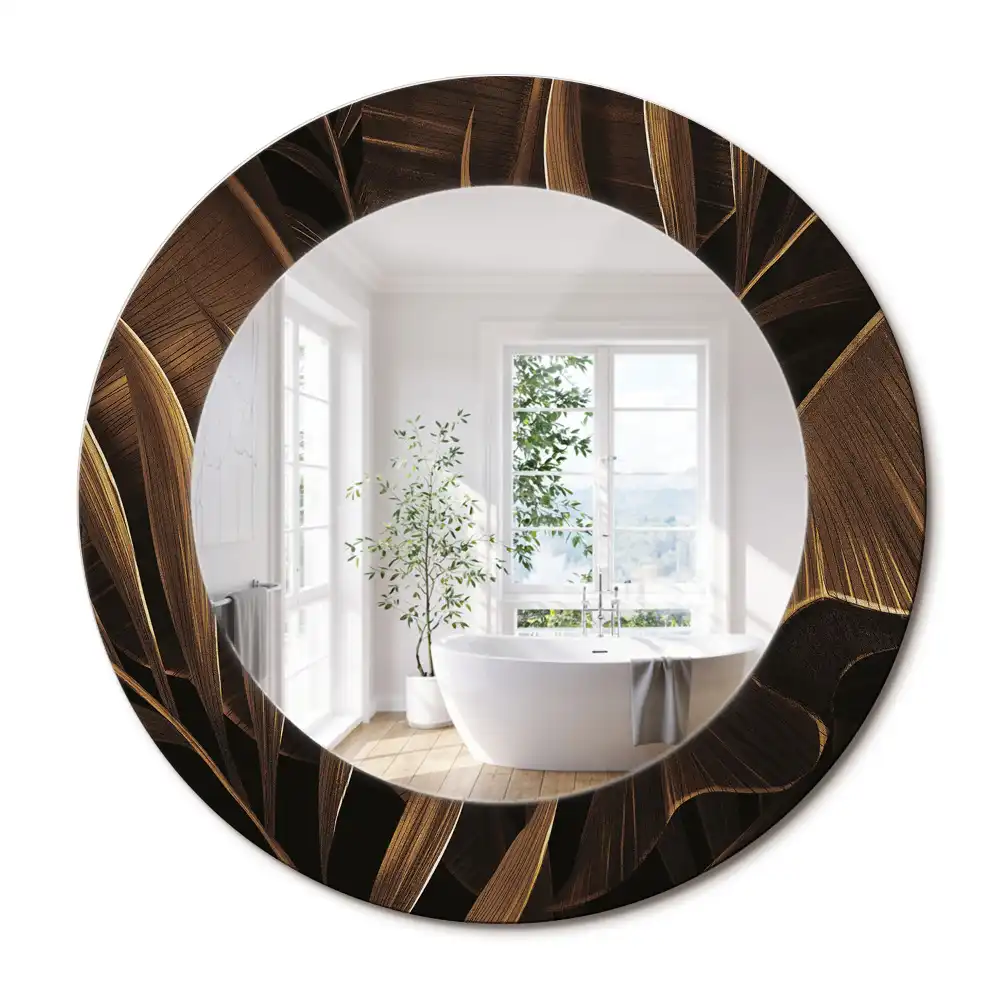 Miroir rond avec décoration feuilles de bananier brunes