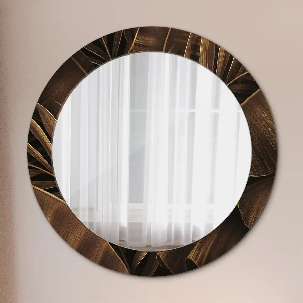 Miroir rond avec décoration feuilles de bananier brunes