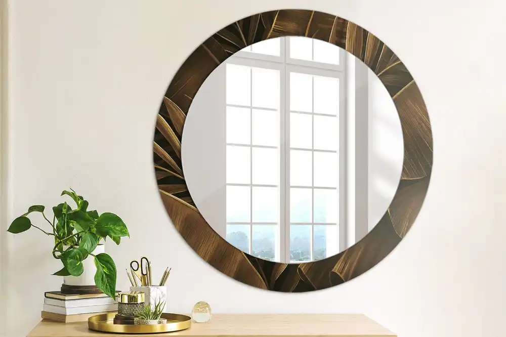 Miroir rond avec décoration feuilles de bananier brunes