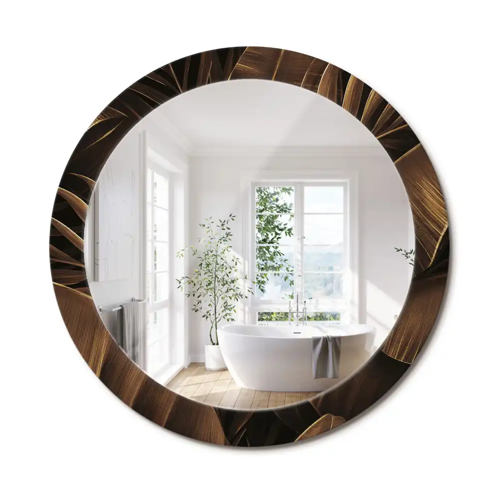 Miroir rond avec décoration feuilles de bananier brunes