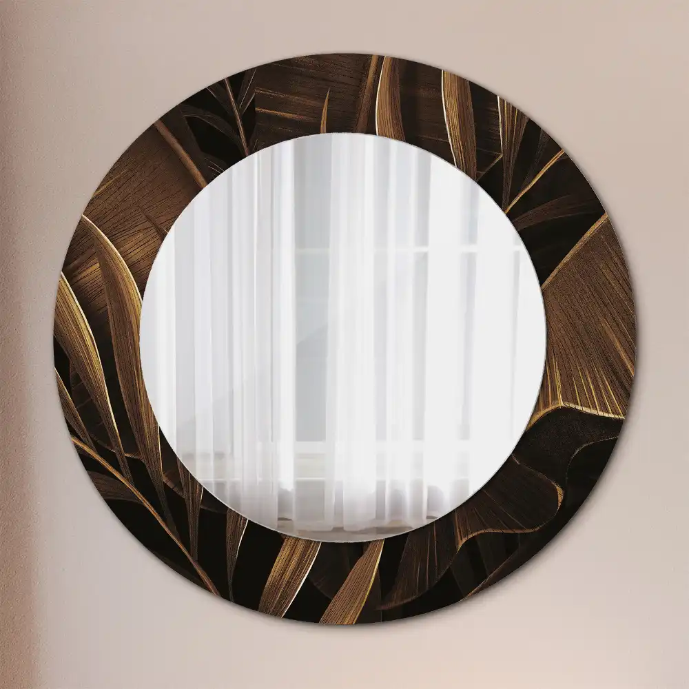 Miroir rond avec décoration feuilles de bananier brunes