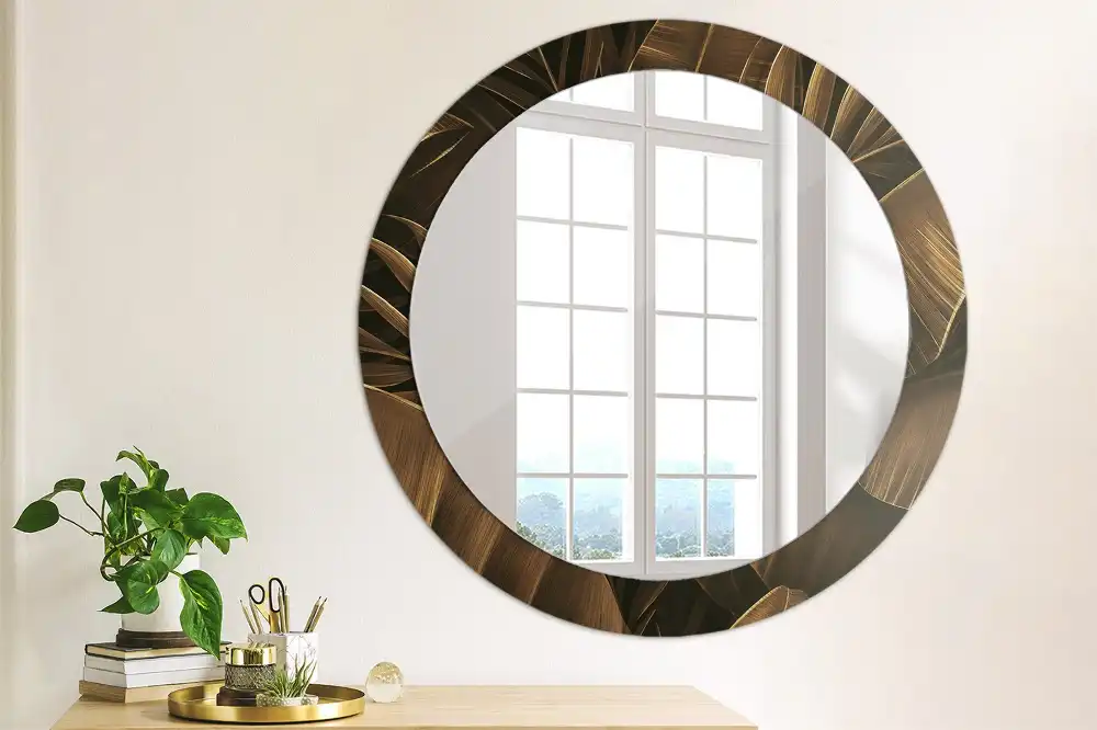 Miroir rond avec décoration feuilles de bananier brunes