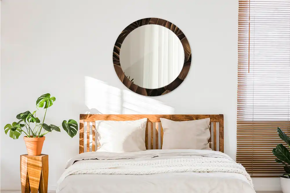 Miroir rond avec décoration feuilles de bananier brunes
