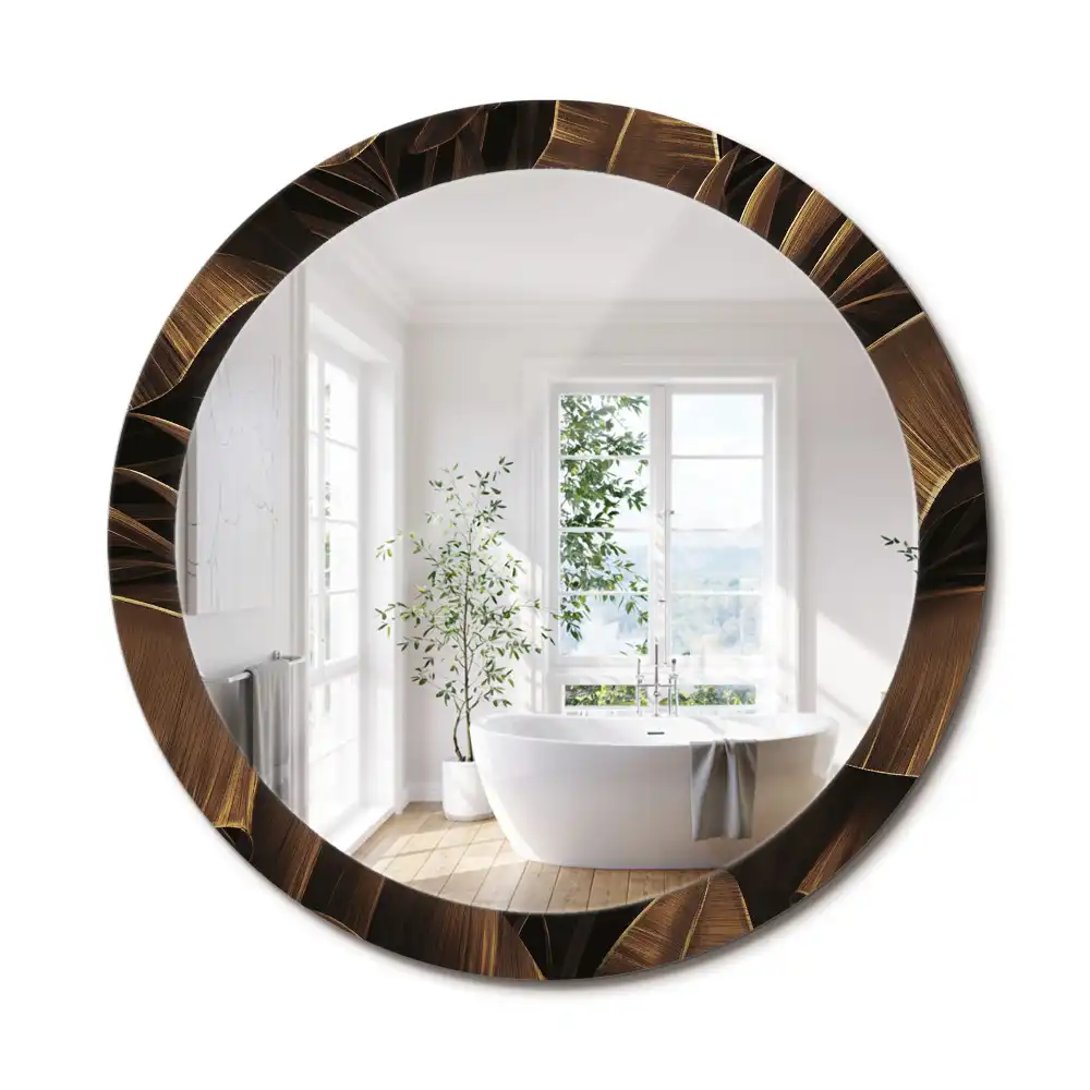 Miroir rond avec décoration feuilles de bananier brunes