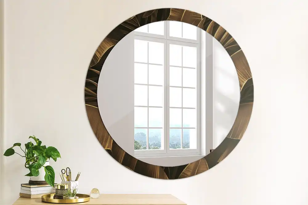 Miroir rond avec décoration feuilles de bananier brunes