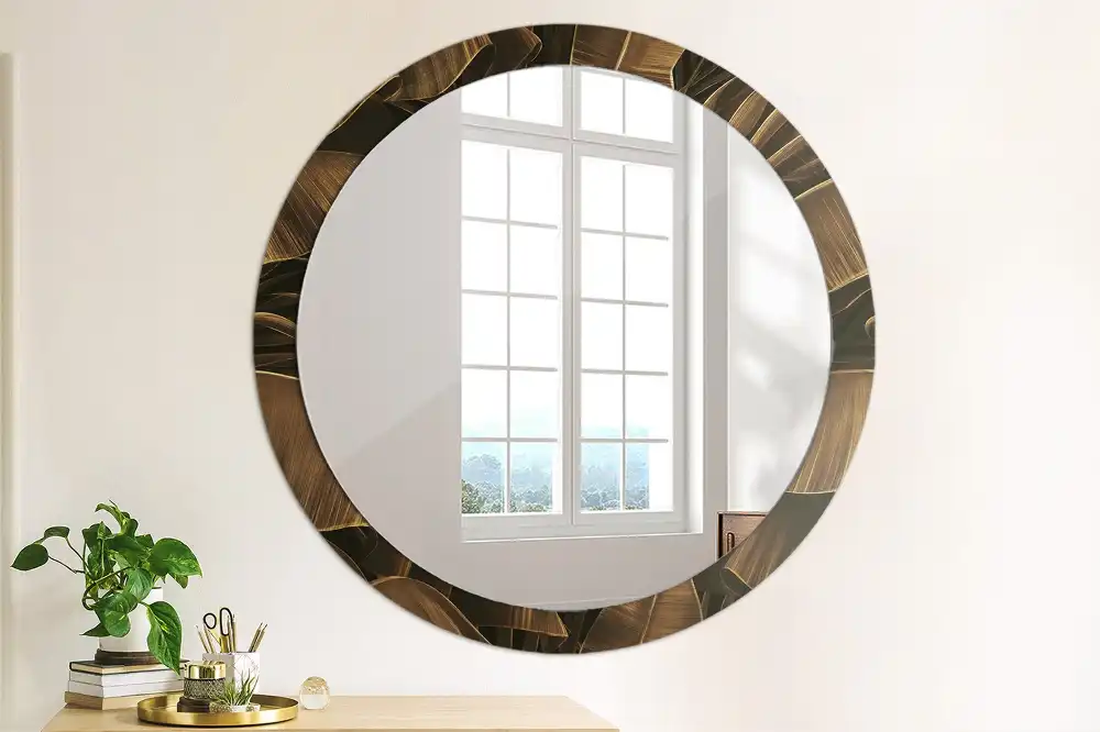 Miroir rond avec décoration feuilles de bananier brunes