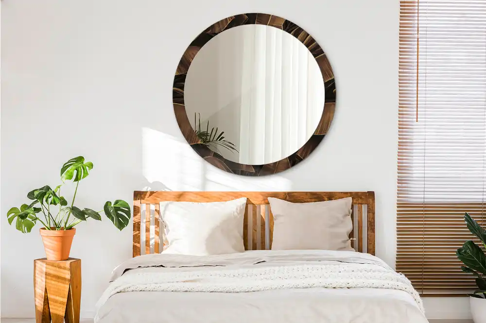 Miroir rond avec décoration feuilles de bananier brunes