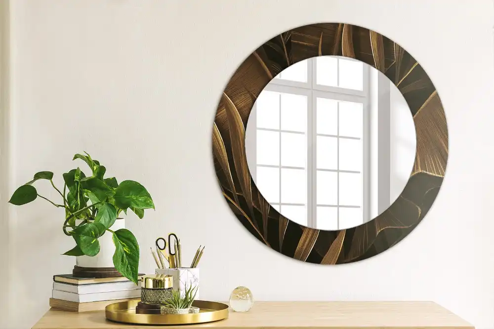 Miroir rond avec décoration feuilles de bananier brunes