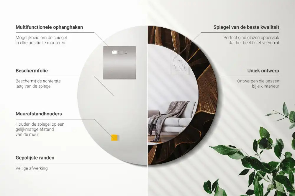 Miroir rond avec décoration feuilles de bananier brunes
